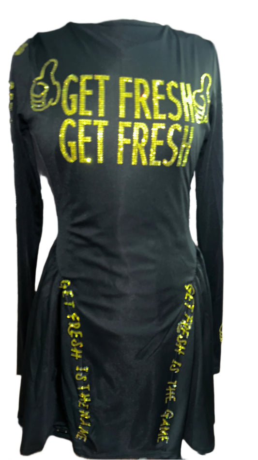 Black GET FRESH OR GET LOST Dress With Yellow Rhinestone Embroidery