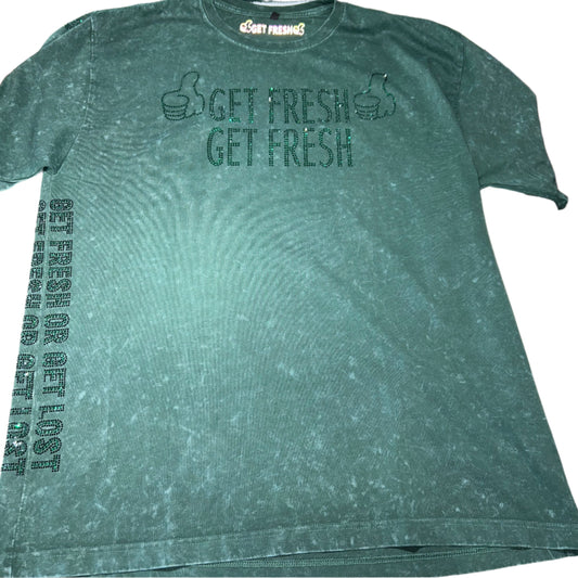 Green GET FRESH OR GET LOST Shirt & Shorts With Green Rhinestones Embroidery