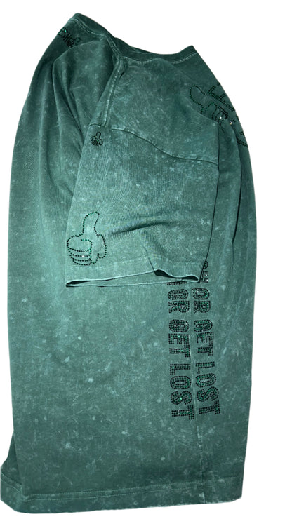 Green GET FRESH OR GET LOST Shirt & Shorts With Green Rhinestones Embroidery