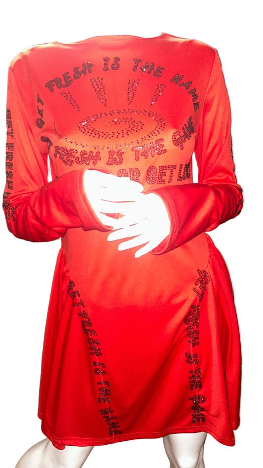 Red GET FRESH OR GET LOST Dress With Green Rhinestone Embroidery