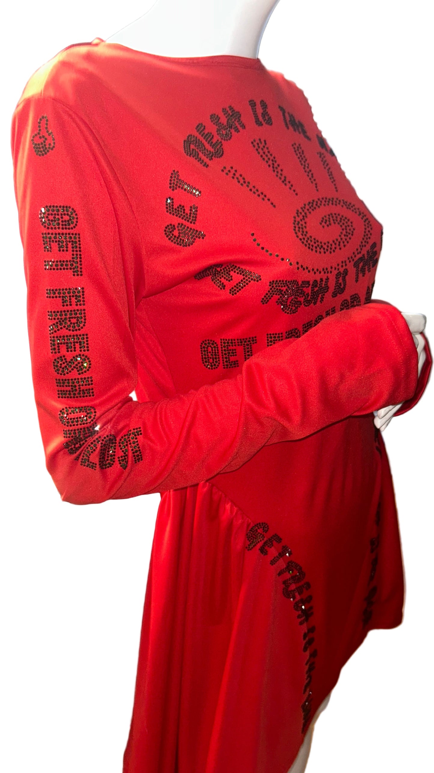 Red GET FRESH OR GET LOST Dress With Green Rhinestone Embroidery