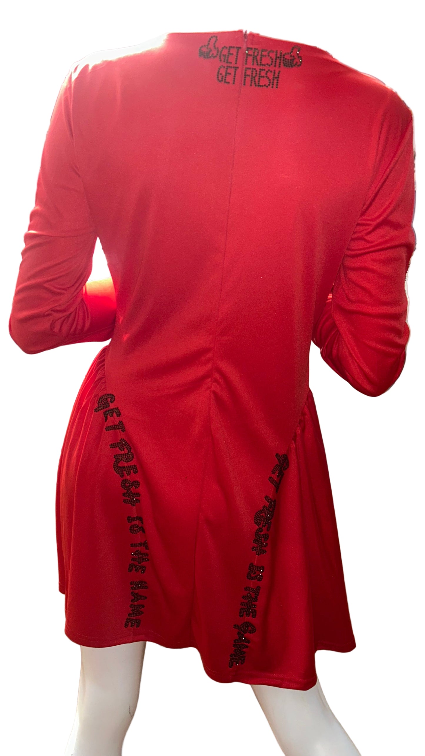 Red GET FRESH OR GET LOST Dress With Green Rhinestone Embroidery
