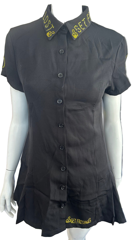 Black GET FRESH OR GET LOST Short Dress With Yellow Rhinestone Embroidery