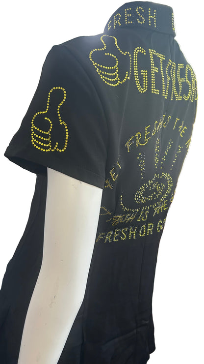Black GET FRESH OR GET LOST Short Dress With Yellow Rhinestone Embroidery