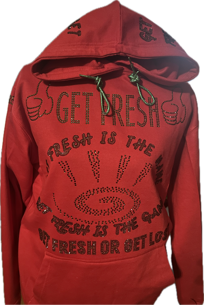 Red GET FRESH OR GET LOST Sweater With Green Rhinestone Embroidery