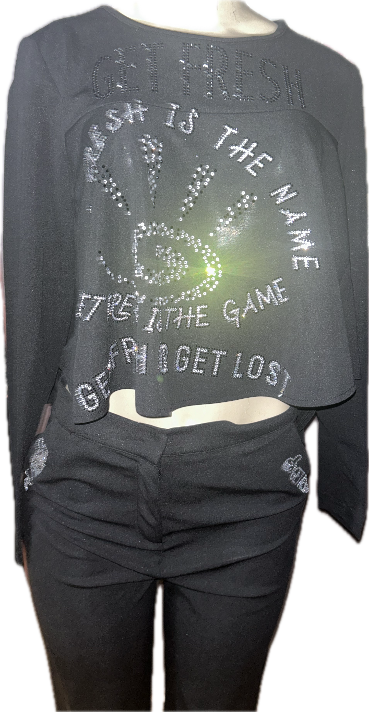 Black GET FRESH OR GET LOST Crop Top Two-Piece Set With Clear & Black Rhinestones Embroidery