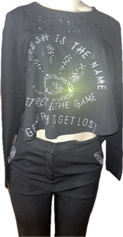 Black GET FRESH OR GET LOST Crop Top Two-Piece Set With Clear & Black Rhinestones Embroidery