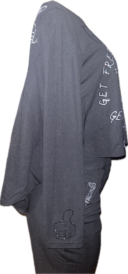 Black GET FRESH OR GET LOST Crop Top Two-Piece Set With Clear & Black Rhinestones Embroidery