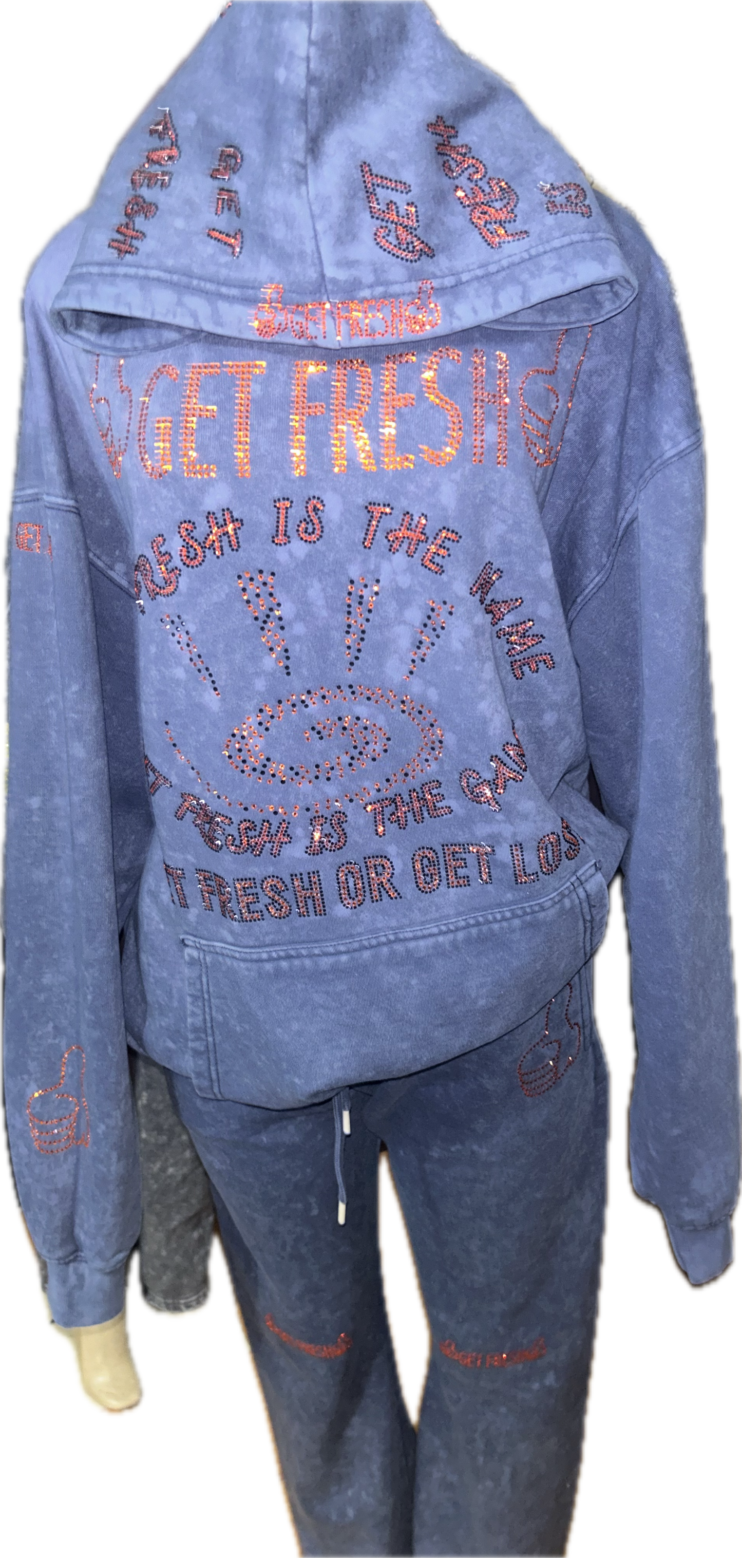 Blue GET FRESH OR GET LOST Two-Piece Sweatsuit With Orange Rhinestone Embroidery