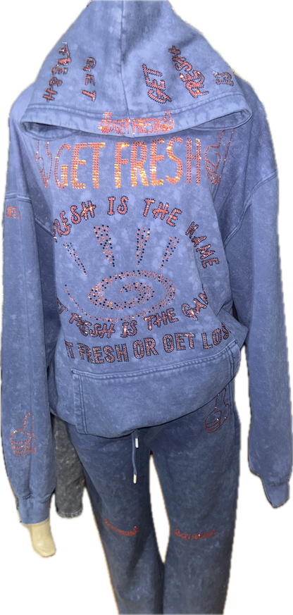 Blue GET FRESH OR GET LOST Two-Piece Sweatsuit With Orange Rhinestone Embroidery