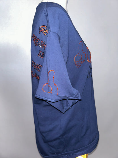 Navy Blue GET FRESH OR GET LOST With Black & Orange Rhinestone Embroidery
