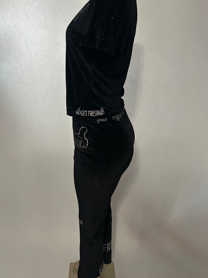 Black On Black GET FRESH OR GET Two-Piece With Clear And Black Rhinestones Embroidery