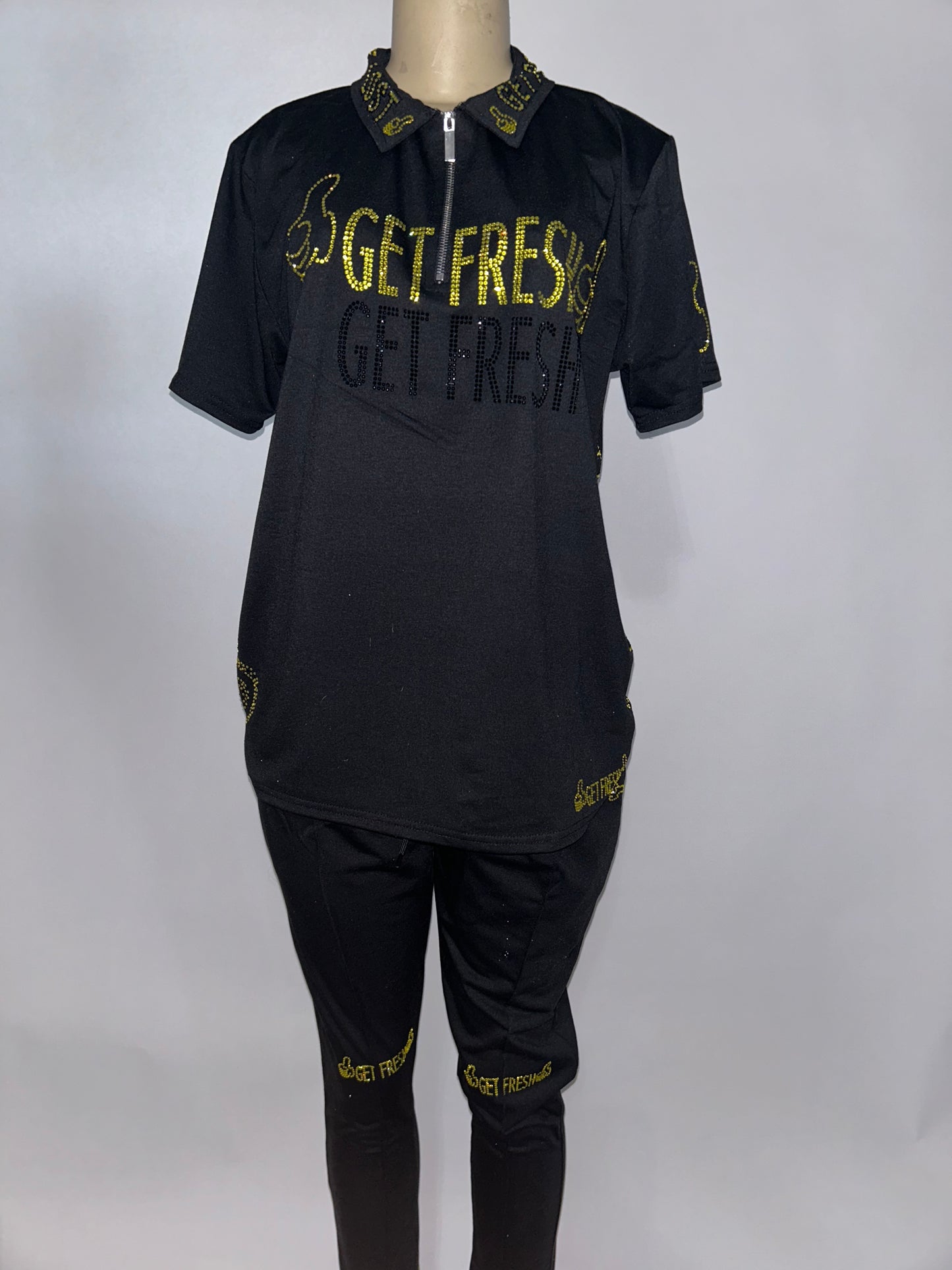 Black GET FRESH OR GET LOST Two-Piece With Yellow Rhinestone Embroidery