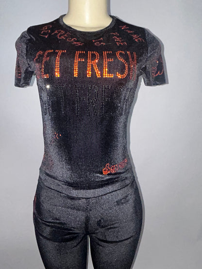 Black GET FRESH OR GET LOST Two-Piece With Orange And Black Rhinestone Embroidery