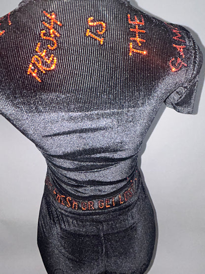 Black GET FRESH OR GET LOST Two-Piece With Orange And Black Rhinestone Embroidery