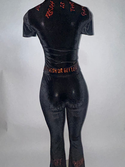 Black GET FRESH OR GET LOST Two-Piece With Orange And Black Rhinestone Embroidery