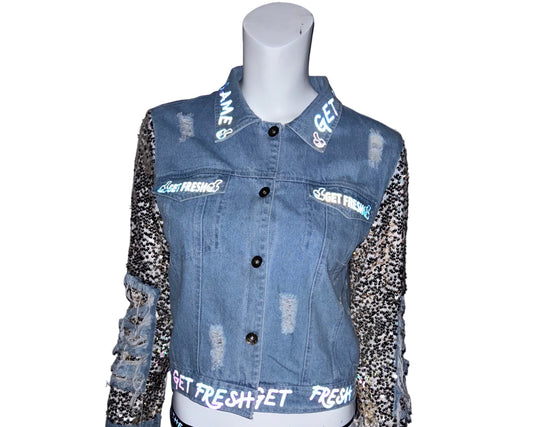 Light Blue GET FRESH OR GET LOST Jean Jacket With Colored Reflector