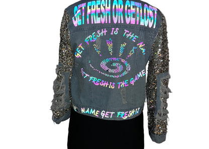 Light Blue GET FRESH OR GET LOST Jean Jacket Inverted With Colored Reflector