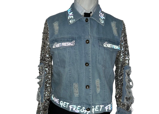 Light Blue GET FRESH OR GET LOST Jean Jacket Inverted With Colored Reflector