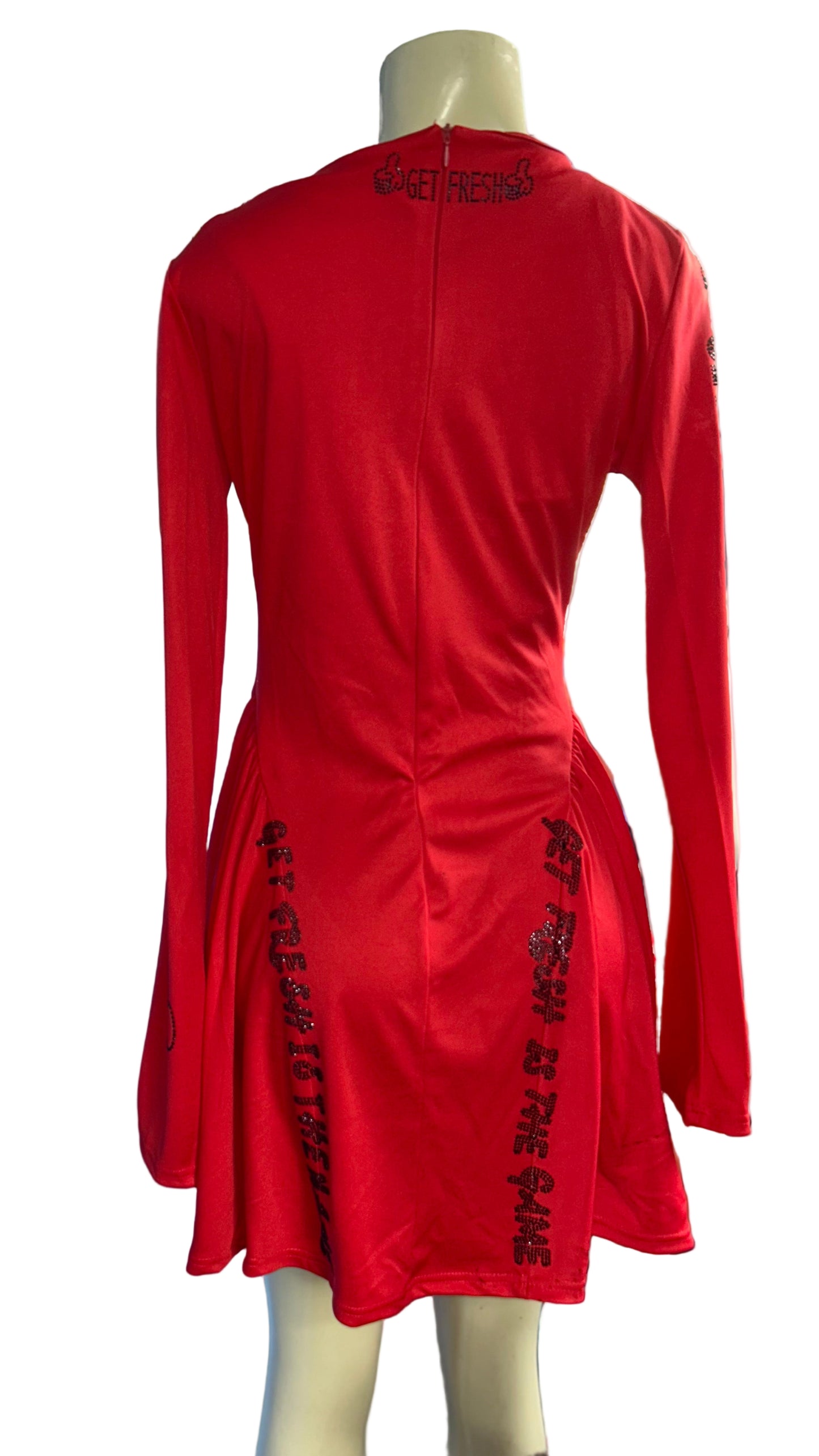 Red GET FRESH OR GET LOST Dress With Black Rhinestone Embroidery