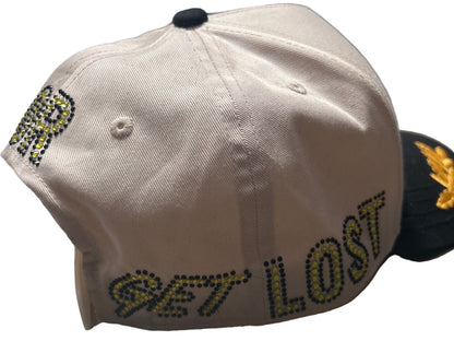 Cream and Black GET FRESH OR GET LOST Hat With Black and Yellow Rhinestone Embroidery