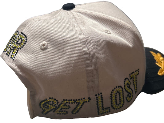 Cream and Black GET FRESH OR GET LOST Hat With Black and Yellow Rhinestone Embroidery