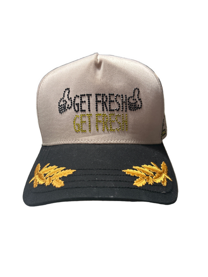 Cream and Black GET FRESH OR GET LOST Hat With Black and Yellow Rhinestone Embroidery