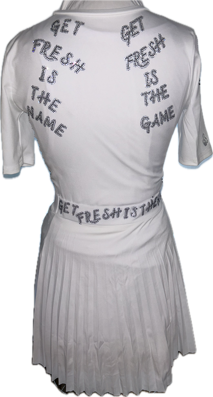 White GET FRESH OR LOST Two-Piece Tennis Dress With Clear & Black Rhinestones Embroidery