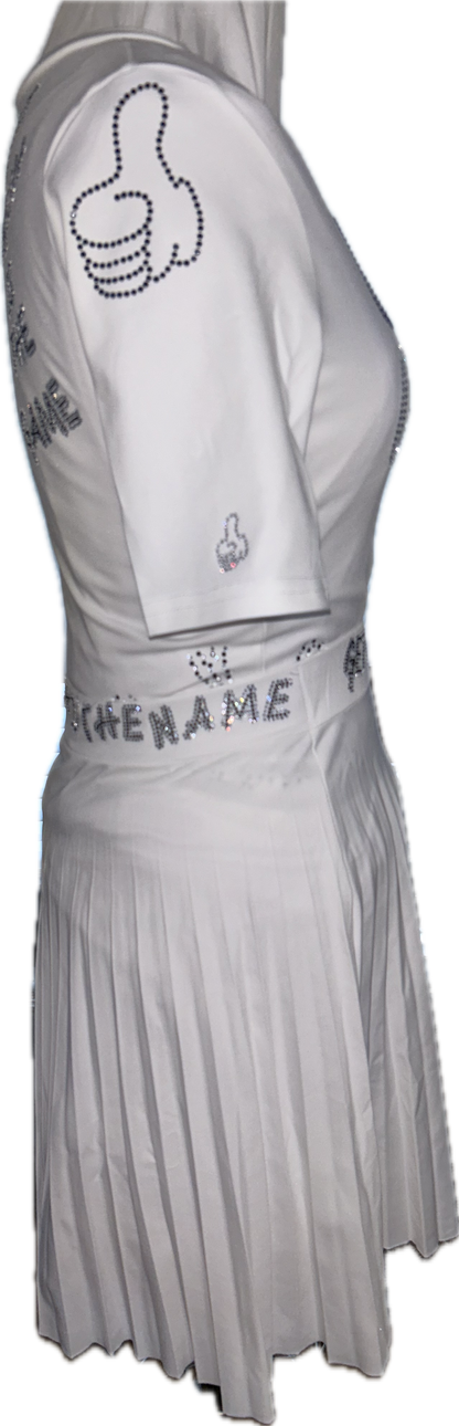 White GET FRESH OR LOST Two-Piece Tennis Dress With Clear & Black Rhinestones Embroidery