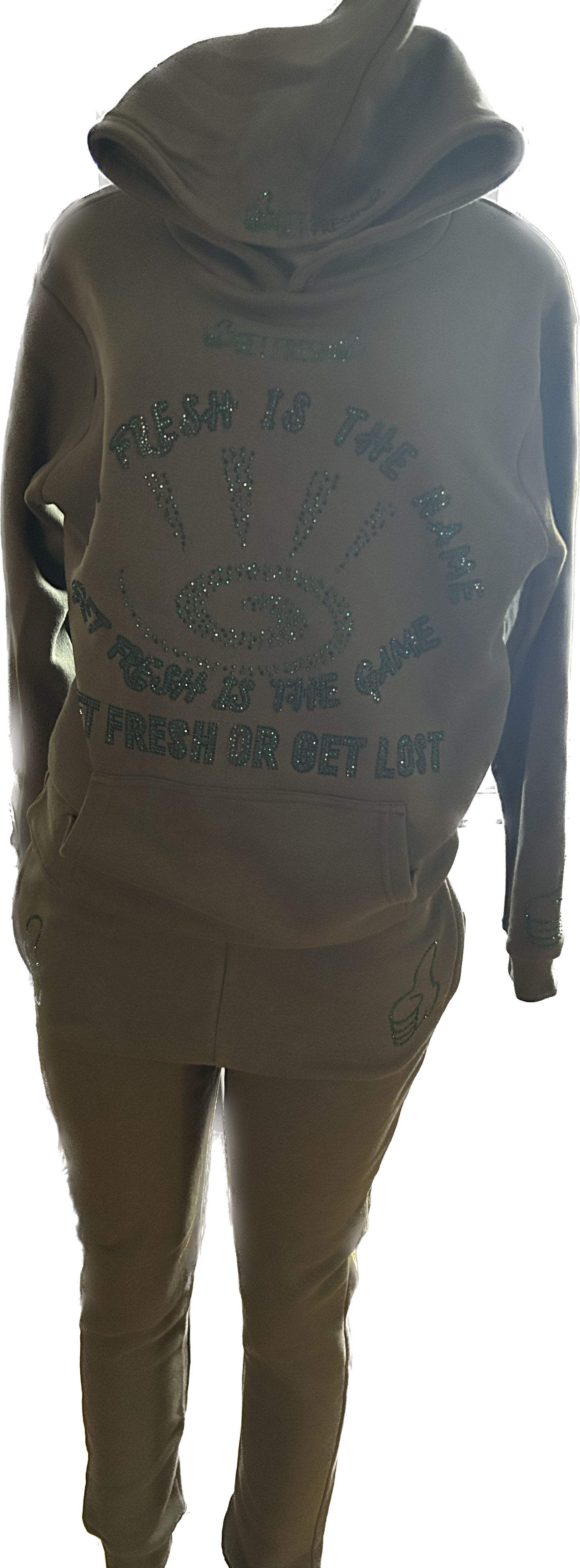 Green GET FRESH OR GET LOST Two Piece Sweater Rhinestone Embroidery