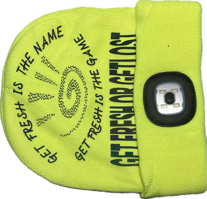 GET FRESH OR GET LOST Flashlight and Bluetooth Lime Green Hat Reflector