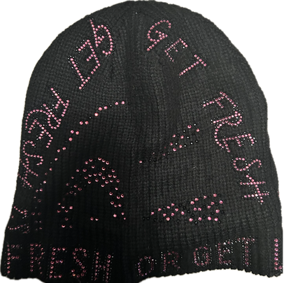 Black GET FRESH OR GET LOST Beanie With Pink Rhinestone
