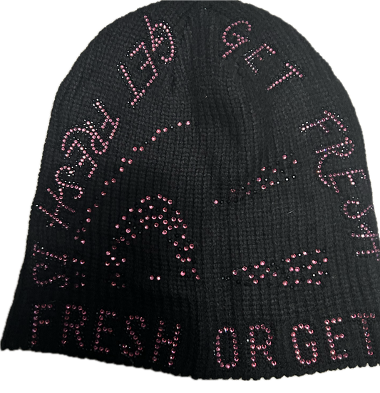 Black GET FRESH OR GET LOST Beanie With Pink Rhinestone