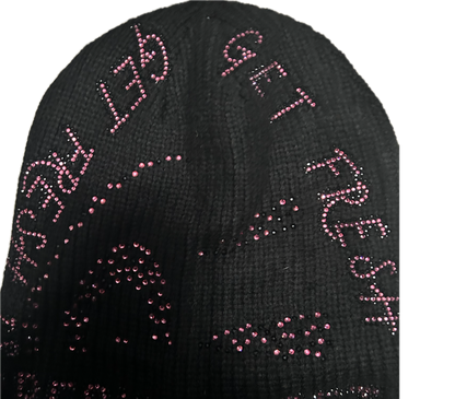 Black GET FRESH OR GET LOST Beanie With Pink Rhinestone