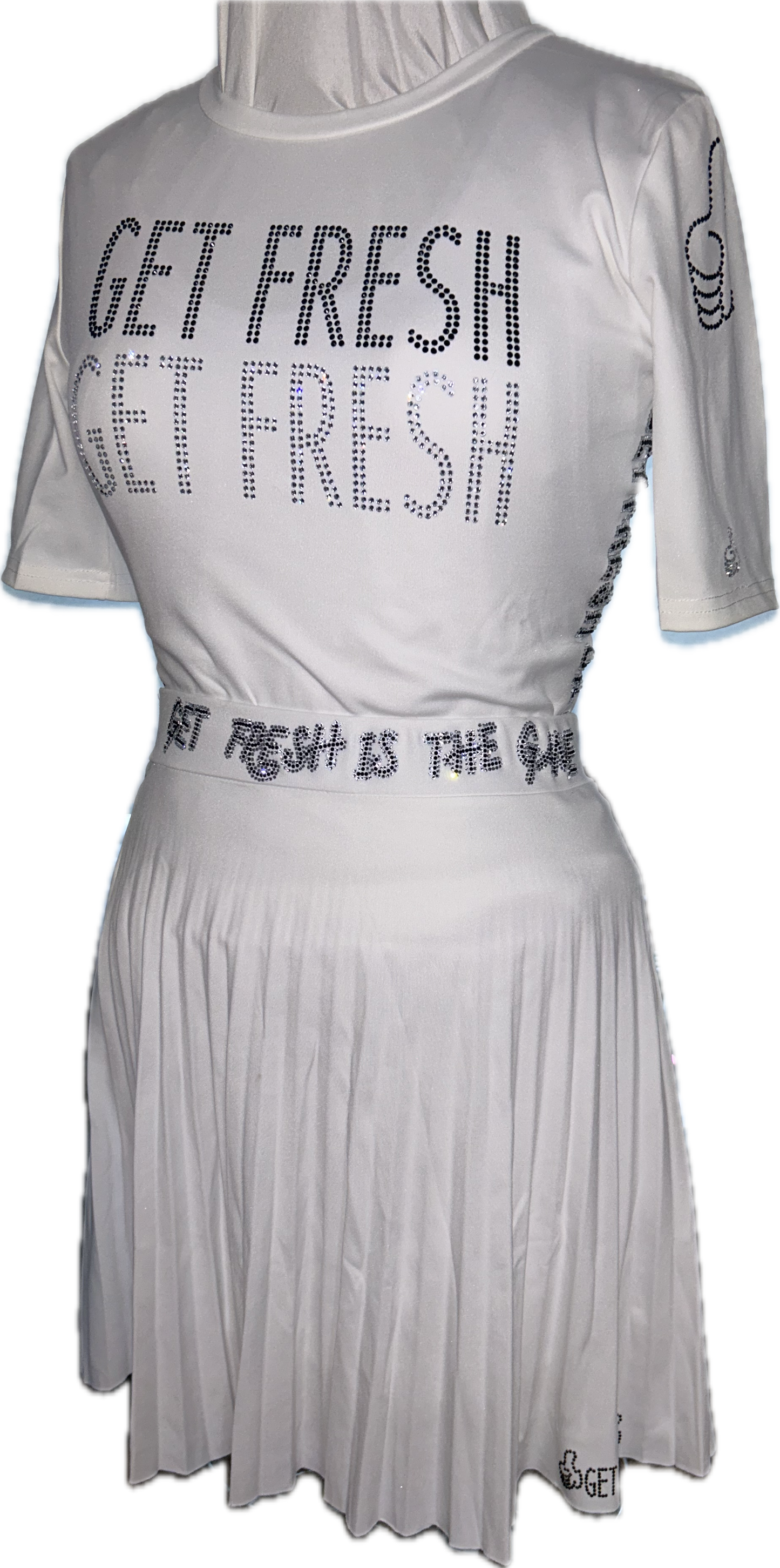 White GET FRESH OR LOST Two-Piece Tennis Dress With Clear & Black Rhinestones Embroidery