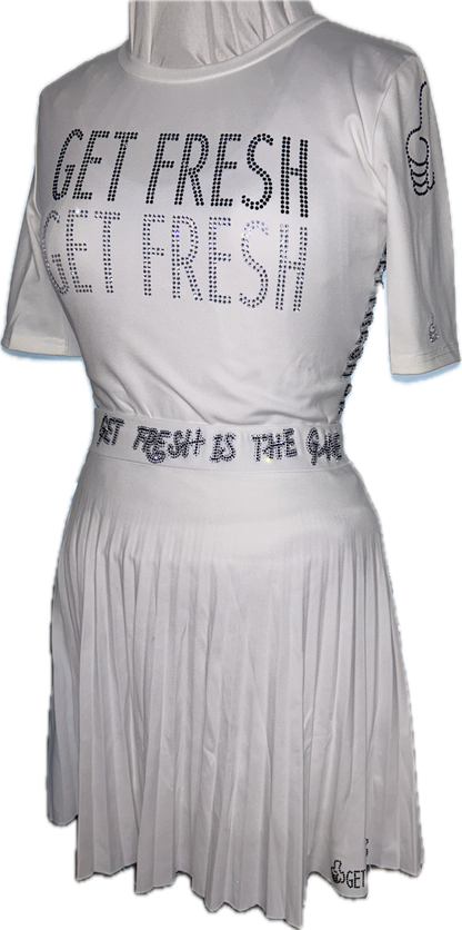 White GET FRESH OR LOST Two-Piece Tennis Dress With Clear & Black Rhinestones Embroidery
