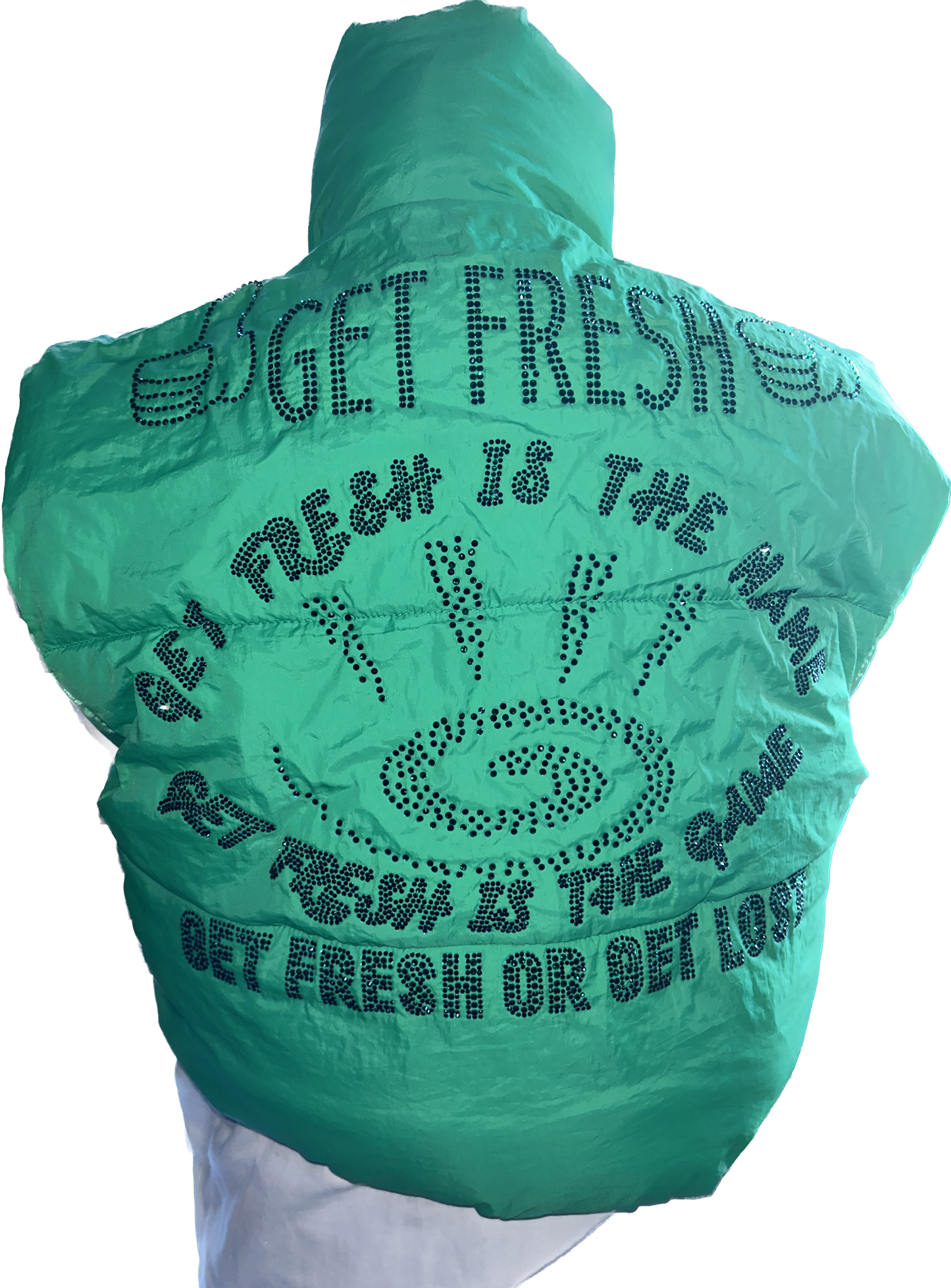 Green GET FRESH OR GET LOST Vest Rhinestone Embroidery