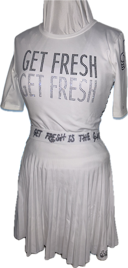 White GET FRESH OR LOST Two-Piece Tennis Dress With Clear & Black Rhinestones Embroidery