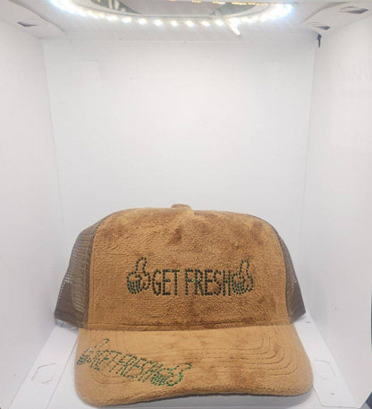 Brown GET FRESH OR GET LOST Hat With Green Rhinestone Embroidery And Colored Reflector