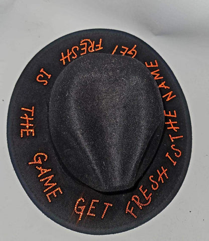 Black GET FRESH OR GET LOST Fedora Hat With Orange And Red Rhinestone Embroidery
