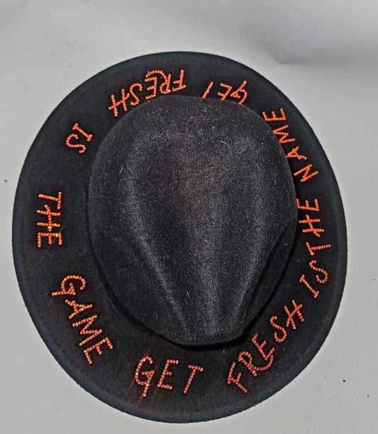 Black GET FRESH OR GET LOST Fedora Hat With Orange And Red Rhinestone Embroidery