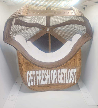 Brown GET FRESH OR GET LOST Hat With Green Rhinestone Embroidery And Colored Reflector