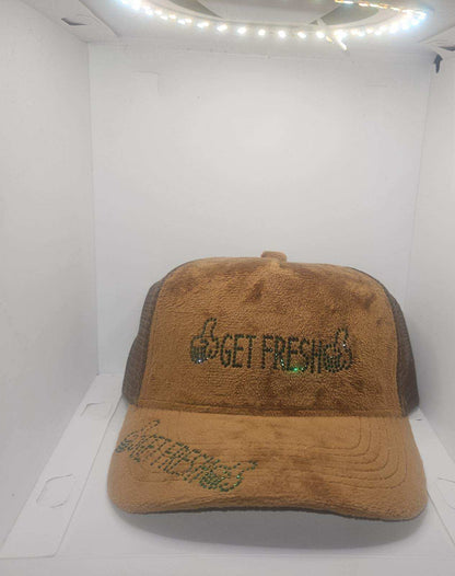 Brown GET FRESH OR GET LOST Hat With Green Rhinestone Embroidery And Colored Reflector