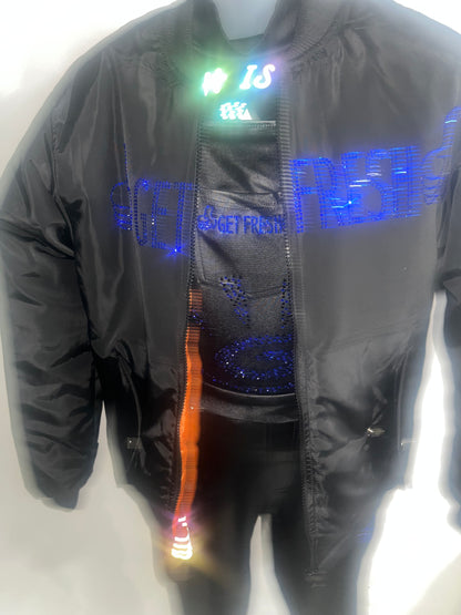 Royal Blue Rhinestone Embroidery Black Bomber Jacket