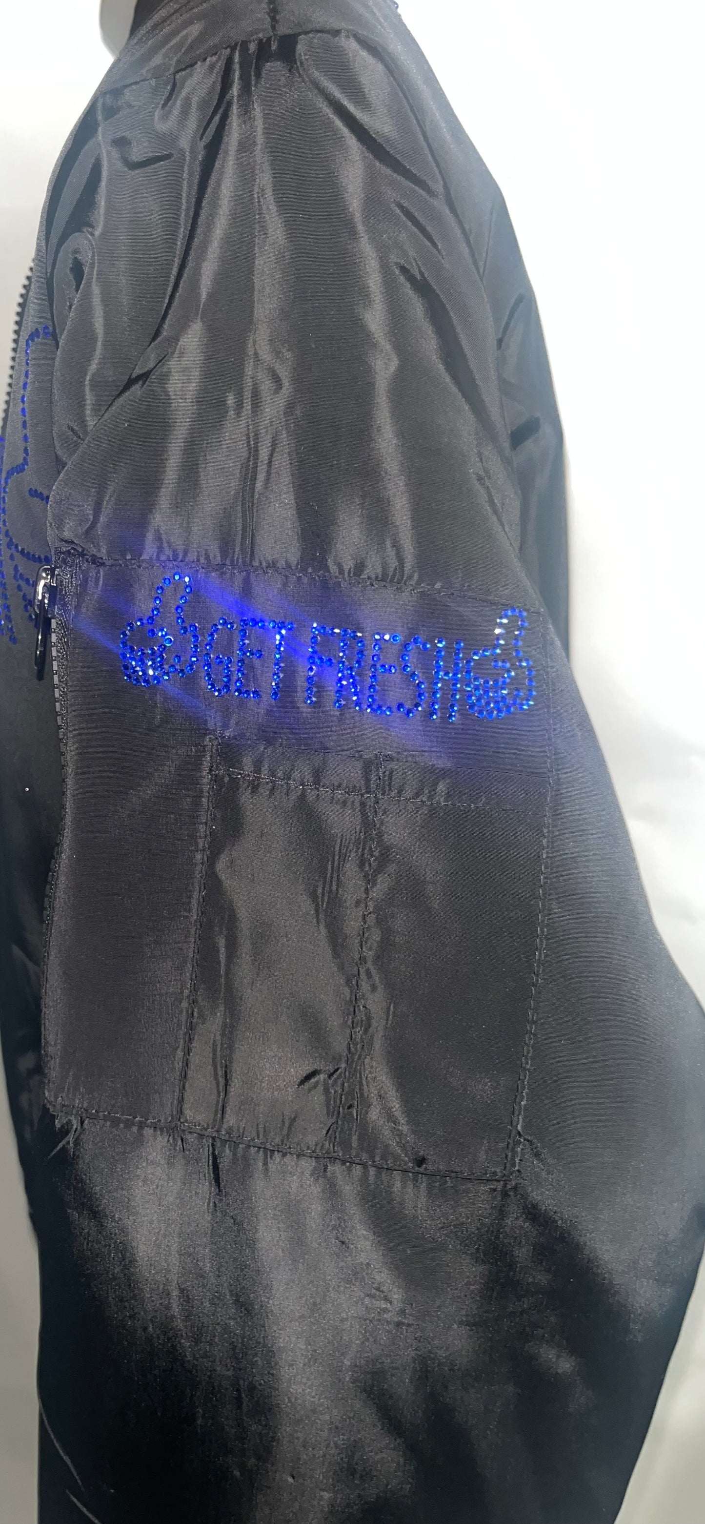 Royal Blue Rhinestone Embroidery Black Bomber Jacket