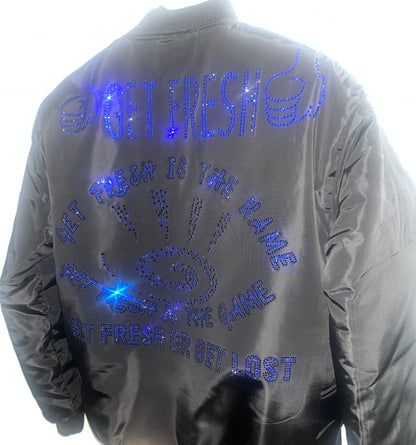Royal Blue Rhinestone Embroidery Black Bomber Jacket