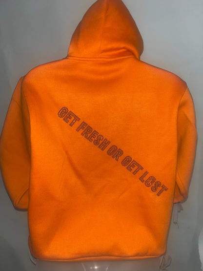 Bright Orange Kids GET FRESH OR GET LOST Hoodie With Pink Rhinestone