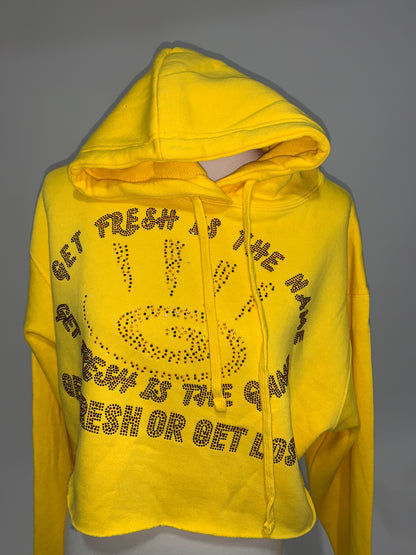 Sunshine Yellow GET FRESH OR GET LOST Hoodie With Red And Black Rhinestone Embroidery