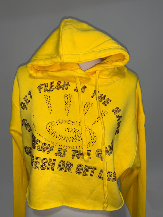 Sunshine Yellow GET FRESH OR GET LOST Hoodie With Red And Black Rhinestone Embroidery