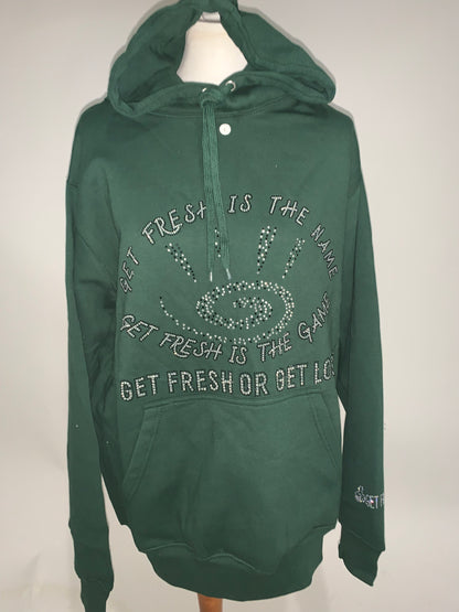 GET FRESH OR GET LOST Eagles Green Hoodie Clear Rhinestone Embroidery